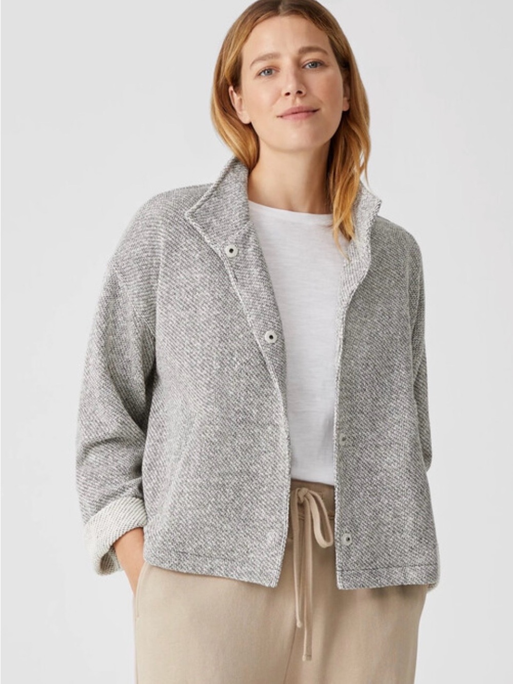Eileen Fisher Organic Cotton Terry Stand Collar Jacket XS Grey Boxy $248